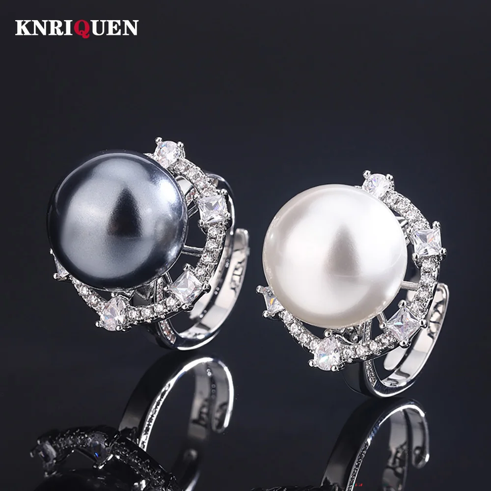 

Charms 16MM White Black Big Pearl Rings for Women Lab Diamond CZ Ring Cocktail Party Fine Jewelry Accessories Anniversary GiftS