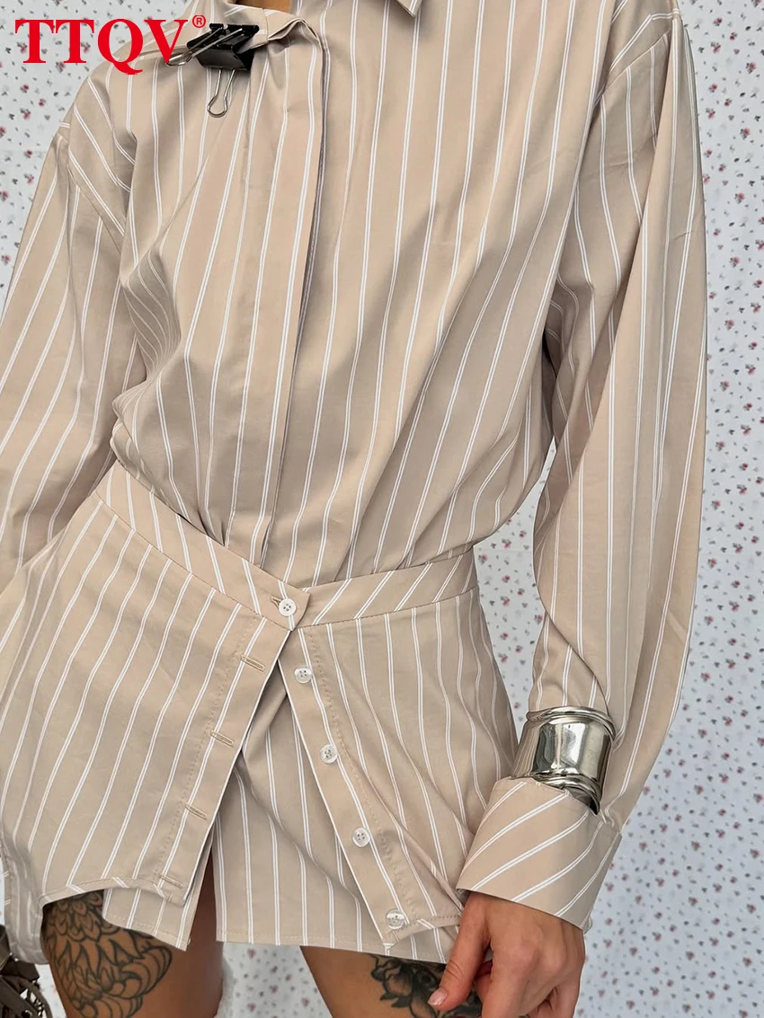 Blus Wanita Motif Garis Longgar TTQV Spring 2026, Kemeja Wanita Lengan Panjang Kerah Lapel Modis, Atasan Elegan dengan Ikat Pinggang, 2 Potong