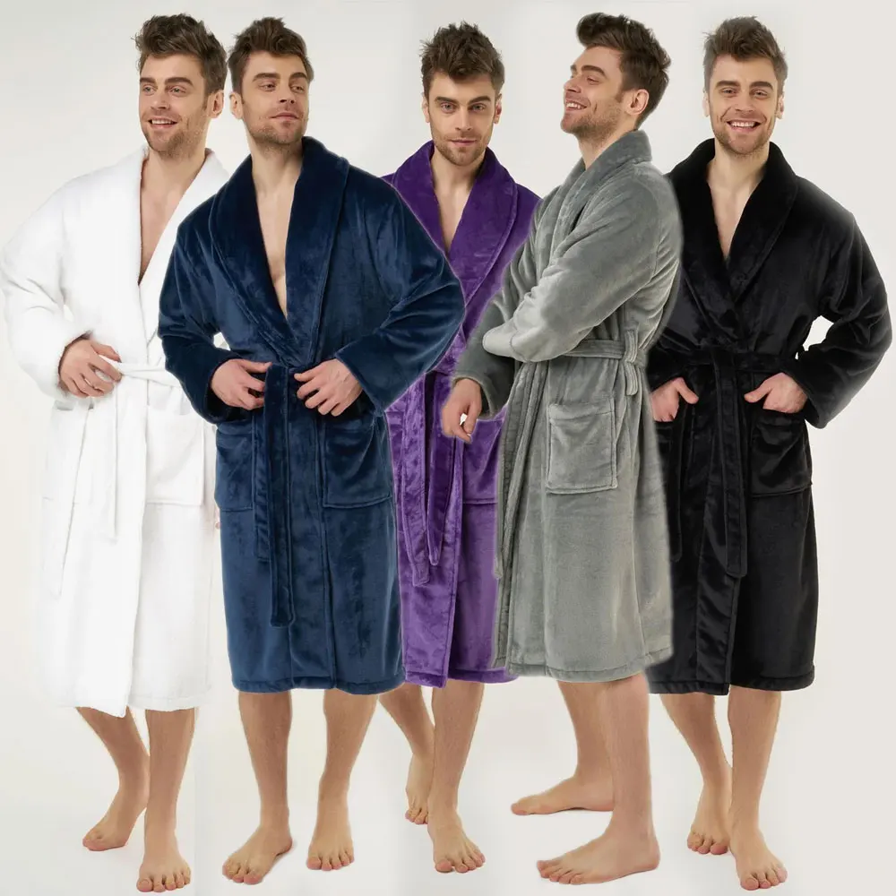 Men's Plush Bathrobe Man Purple Flannel Robes Super Soft Microfleece Shawl Collar White Bath Robe Thick 2024 Winter Robes 260g/㎡