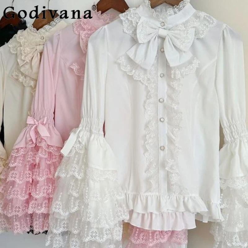 

Изысканная женская блузка в стиле Лолита с оригинальным дизайном, рукавами-фонариками и бантом, японская кружевная блузка-топ для женщин