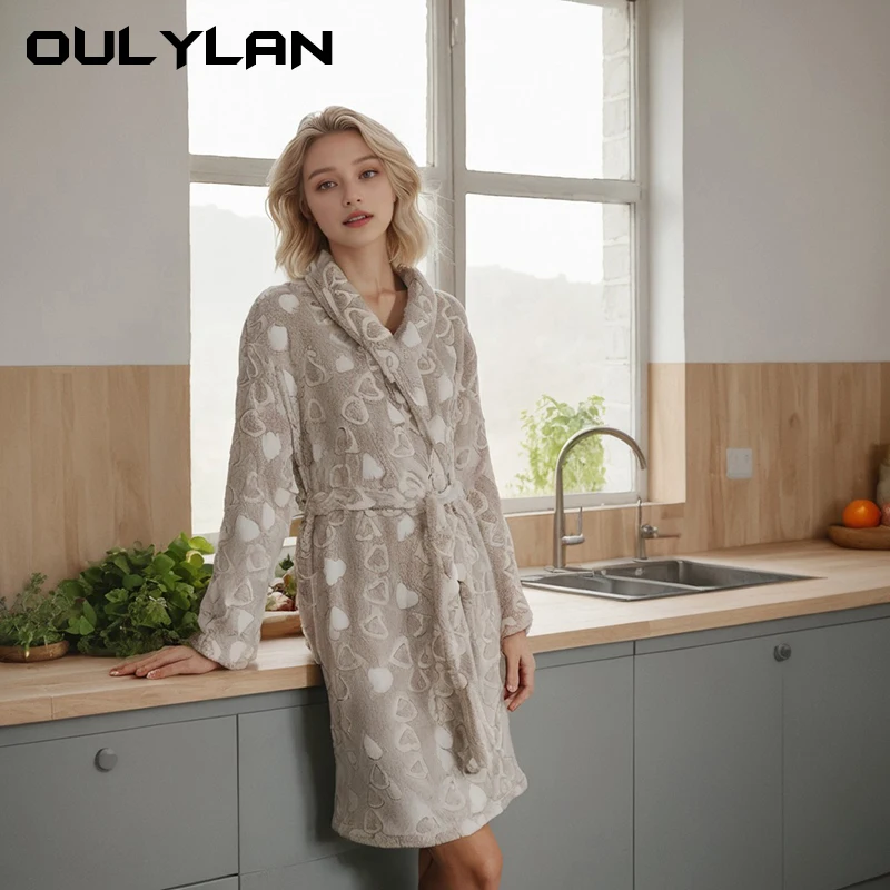 Winter Warm Casual Robes Woman Bathrobe Plush Robe V Neck Long Sleeve Shawl Kimono Warm Bath Robes Coat