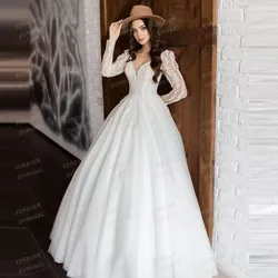 Simple Princess Wedding Dresses Woman's A-Line Appliques Full Sleeve Backless V Neck Bride Gowns Customized Vestidos De Novia