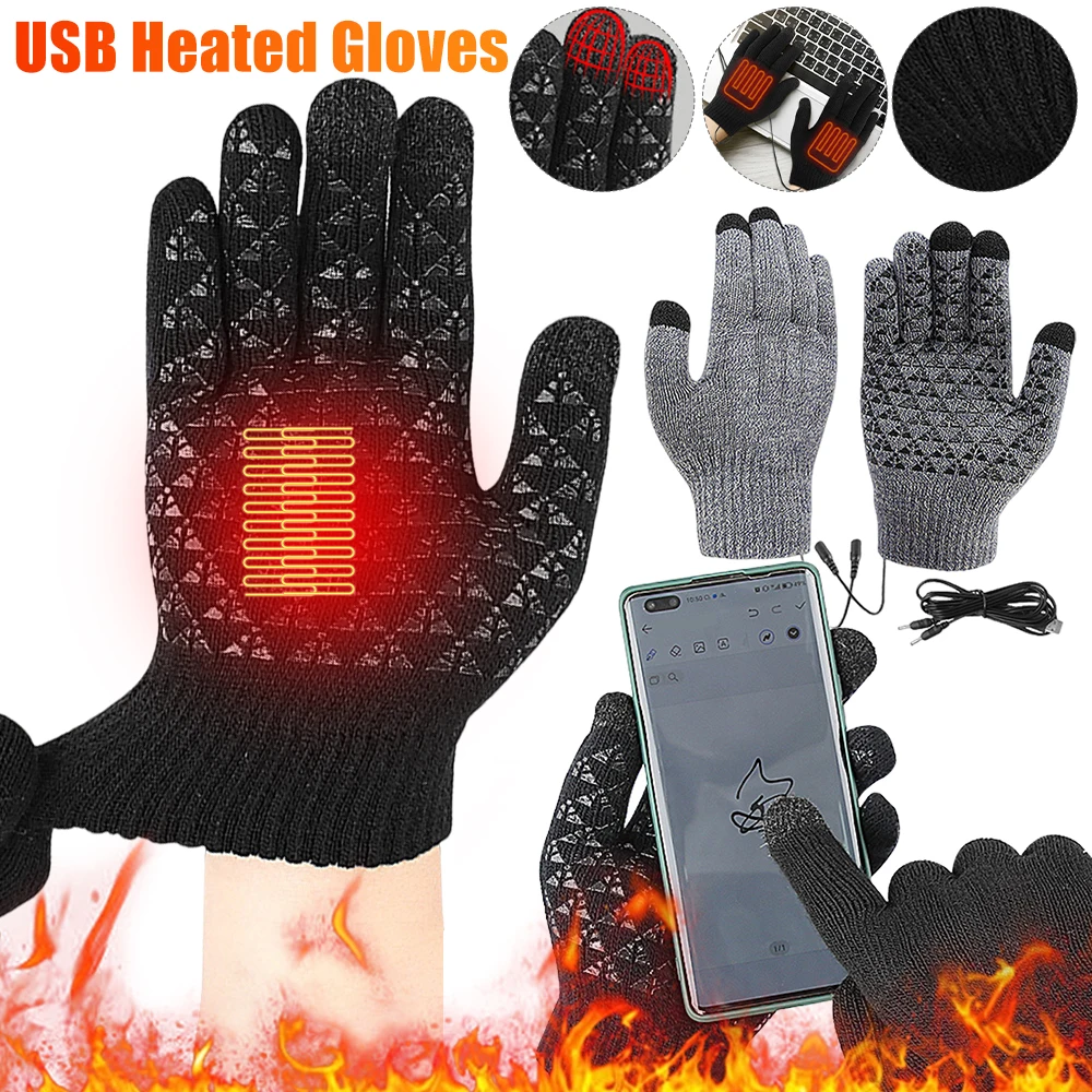

USB Heated Knitted Gloves Full Finger Gloves Non-Slip Touch Screen Gloves Thicken Winter Cycling Gloves for Autumn Winter