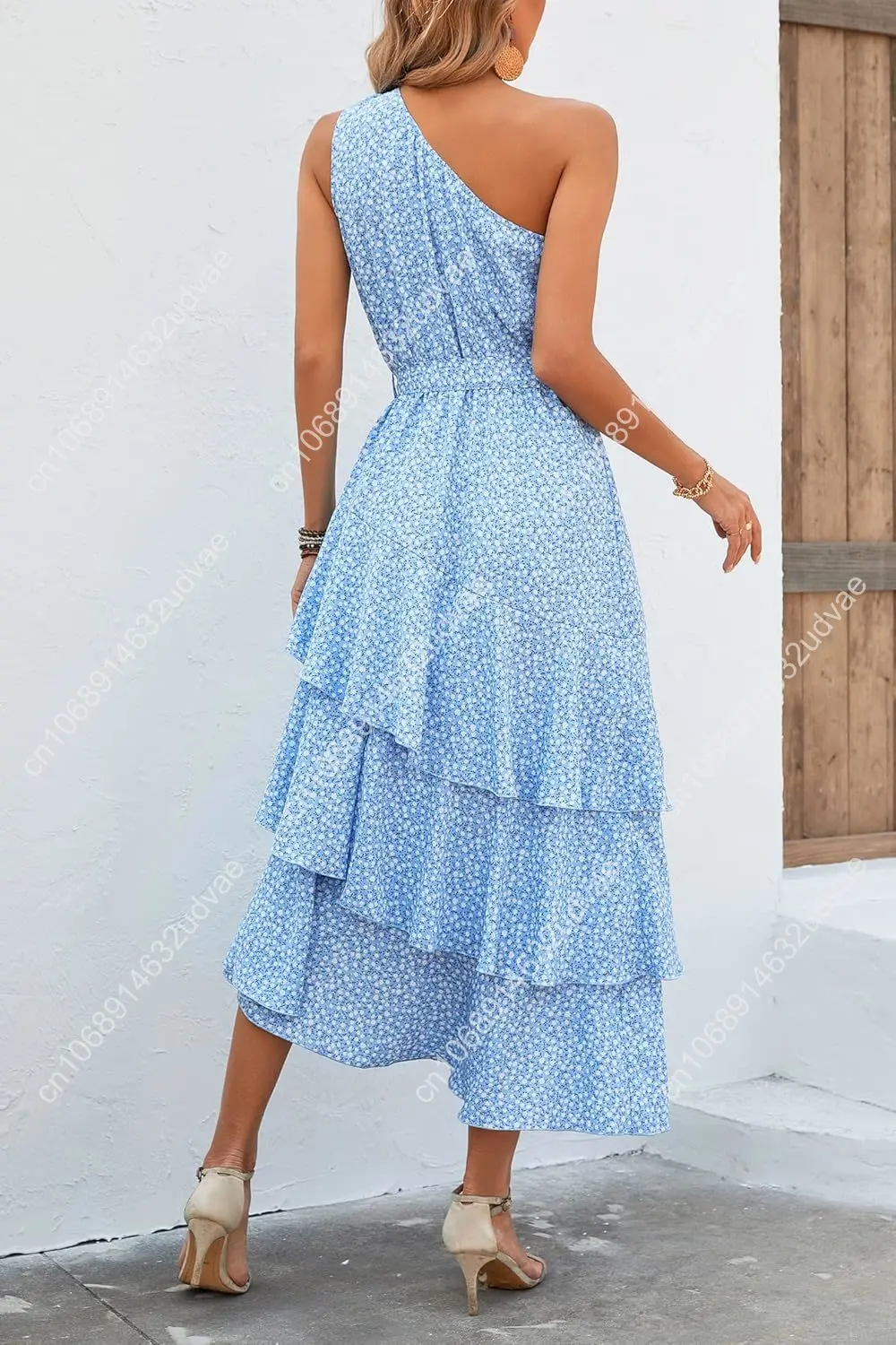 Vestido veraniego floral de verano para mujer, informal, con un hombro, con volantes escalonados, fluido, midi, vestidos bohemios de playa