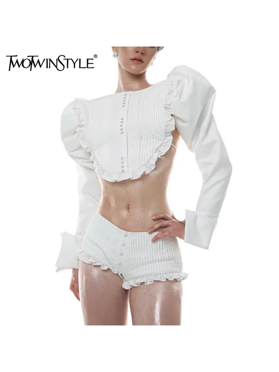 

TWOTWINSTYLE Solid Two Piece Set for Women Slash Neck Long Sleeve Top High Waist Shorts Female Fashion Style