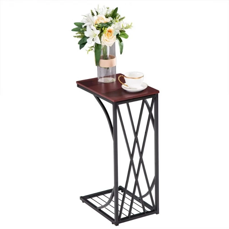 Modern C-shaped side table wooden surface metal frame living room coffee table furniture multi-functional design