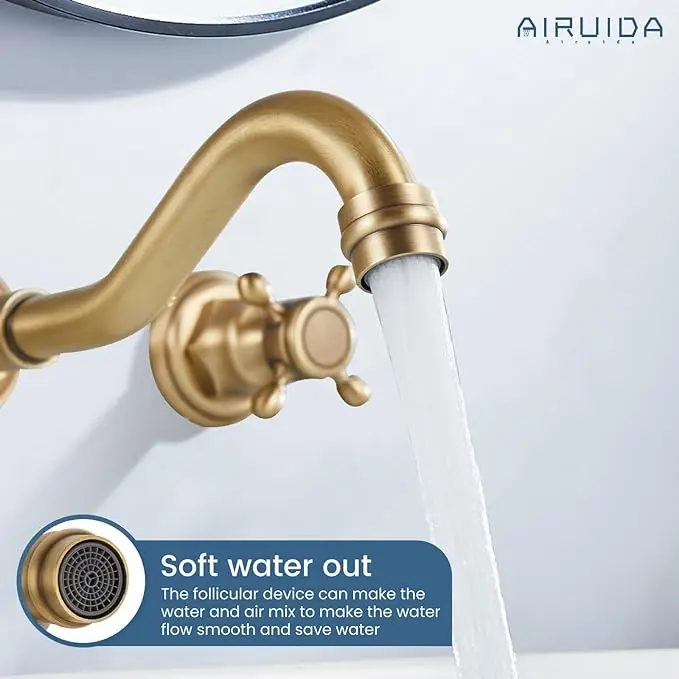 KEMAIDI Bathroom Faucet Antique Brass Wall Mounted Bathroom Sink Faucet 360 Swivel Spout 2 Cross Knobs Handles Basin Faucet Tap