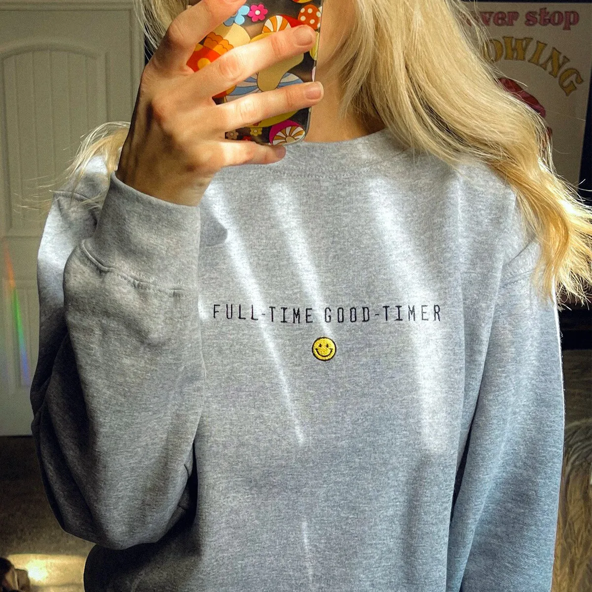 Full Time Good Timer Letters Embroiderd Gray Crewneck Sweatshirts Autumn Winter Thick Warm Loose Pullover Unisex Casual Jumper