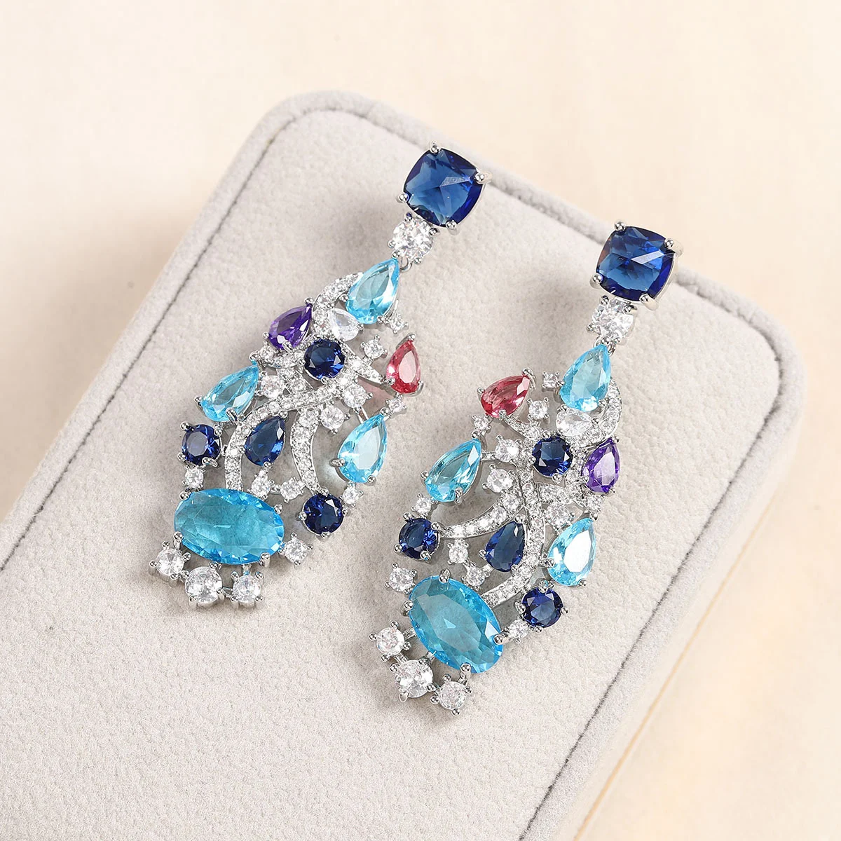 

925 Silver Needle Rich Blue Multicolor Gemstone Drop Earrings, Sparkling Floral Statement Jewelry for Gala, Ideal Gift for Women
