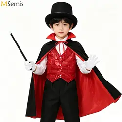 Bambini mago Costume Cosplay gioco di ruolo puntelli Outfit gilet mantello cappello bacchetta magica guanti Set per Cosplay coro Jazz Dancewear