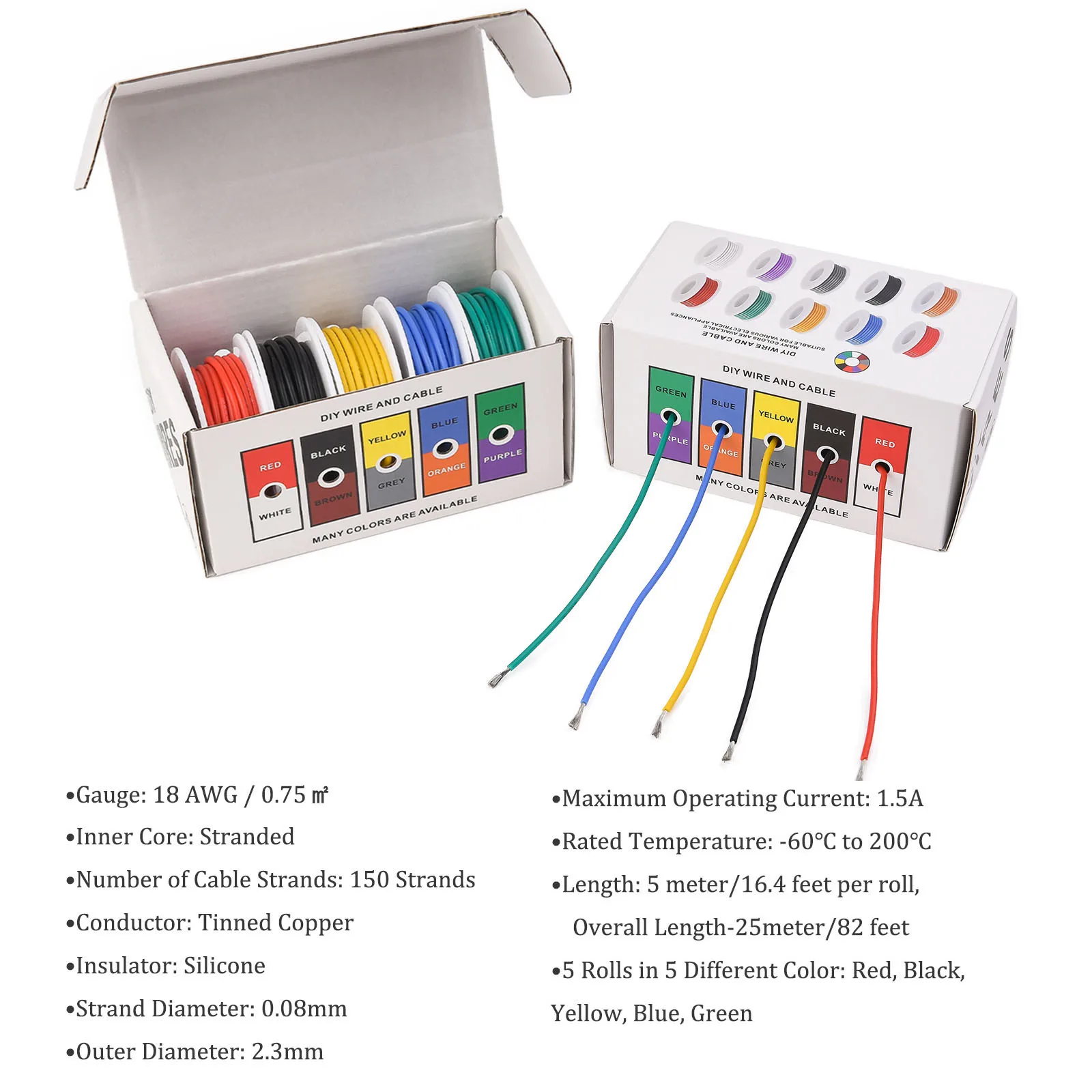 18 AWG Stranded Electrical Wire 18 Gauge Tinned Copper Wires Flexible Silicone Electric Hookup Wire Kit 5 Colors 16.4ft/5m Each