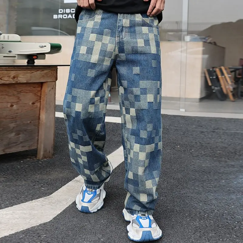 Men's Fall New American-Style Patchwork Checkerboard Wide-Leg Jeans, Street-Style Loose Casual Pants