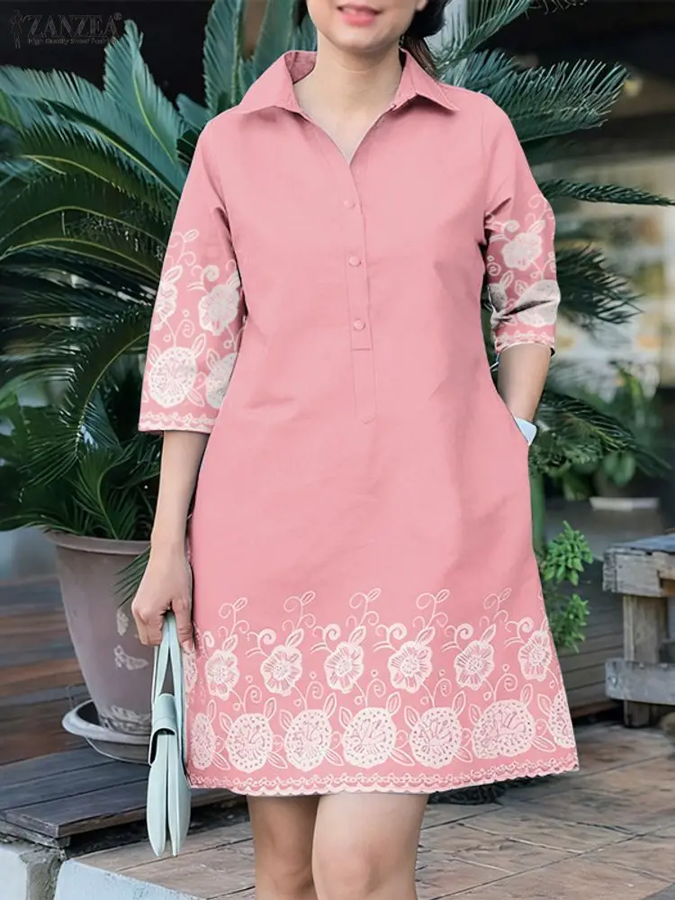 ZANZEA Abiti camicia casual con stampa floreale 2025 Colletto rovesciato autunnale Mezzo bottone Manica a 3/4 Abito corto Pendolarismo Abbigliamento quotidiano