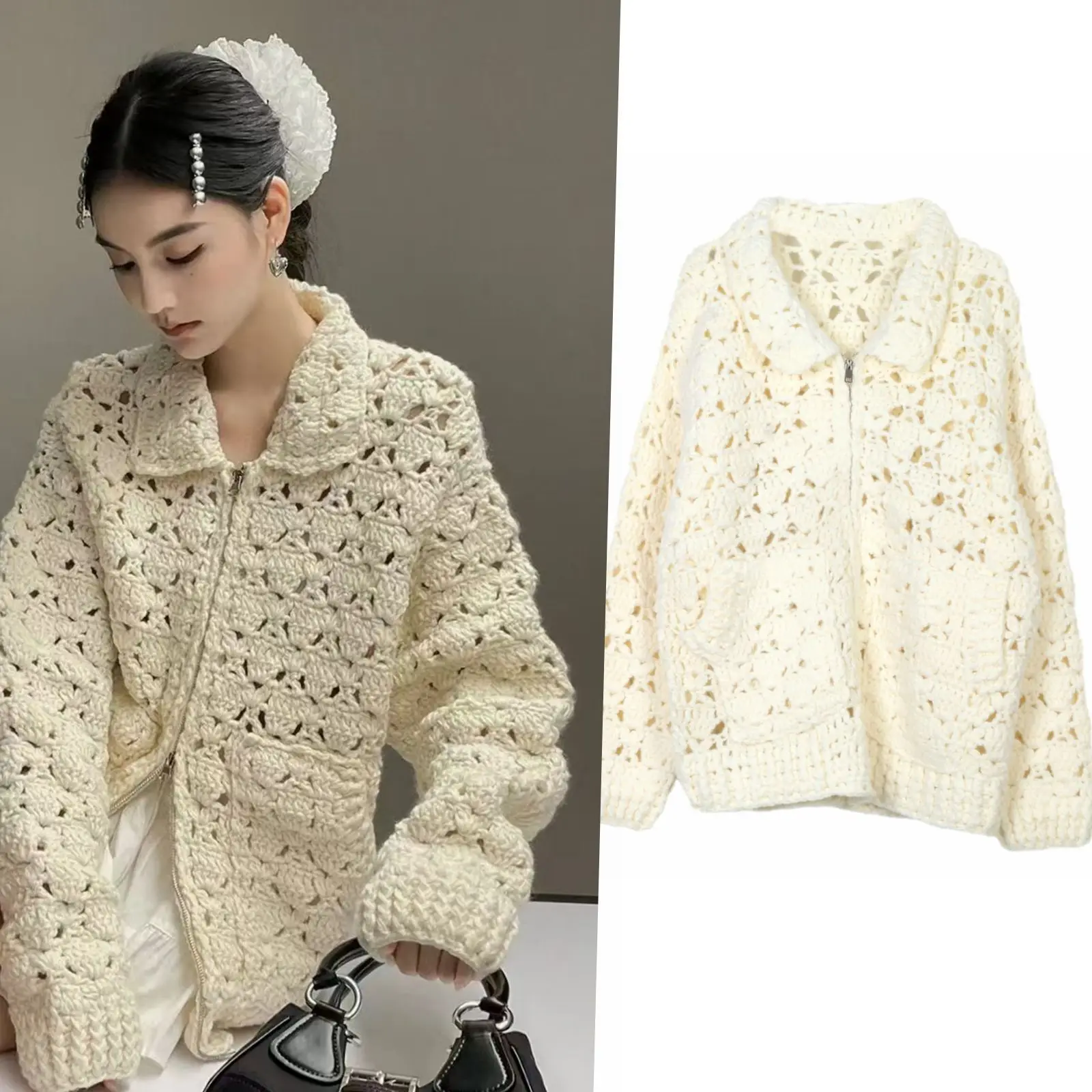 

2025 Autumn And Winter Cable Knit Cardigan Lapel Long Sleeve Loose Knitted Jacket Hand-made Soft Warm Sweater Women Knitted Tops