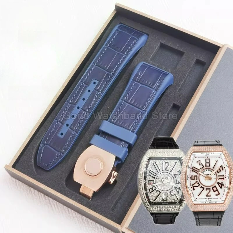 28mm Black Genuine Leather Watchband for Franck Muller Vanguard Yachting V45V41V328880 Soft Flexible Skin Friendly Breathable