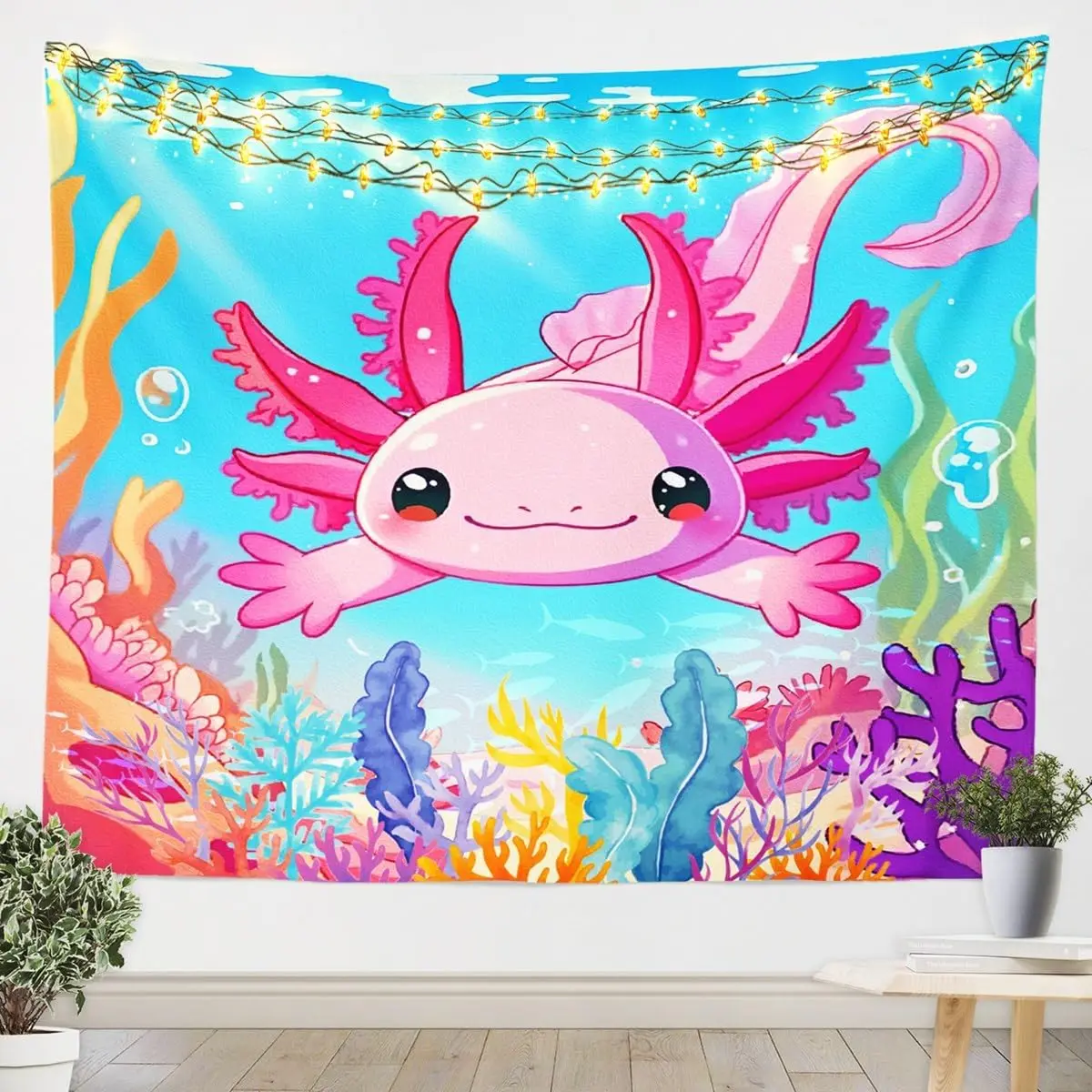 Cartoon 3D Print Axolotl Tapestry Cute Ocean Animal Tapestry Wall Hanging for Kids Boys Girls Undersea World Plant Wall Tapestry