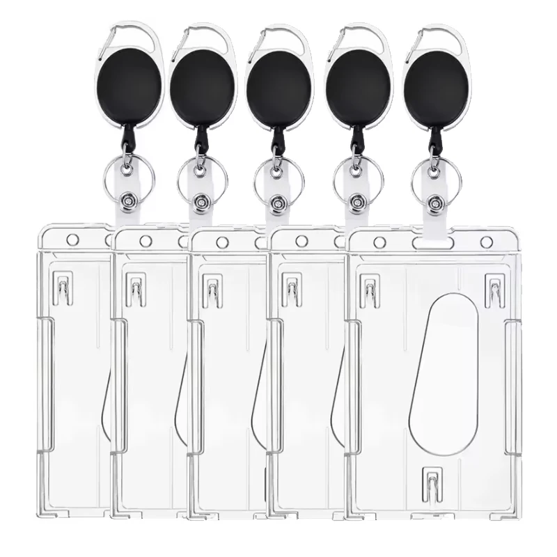 1/5Pcs Retractable Badge Reel Card Holder, Dual Slot ID Tag Sleeve, Work Permit Pass Protector Case with Keychain