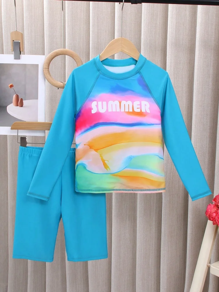 Two Piece Girls Kids Swimsuit 2026 New Letters Gradient Long Sleeves Children Swimwear Shorts Beachwear Bathing Suits Swimming