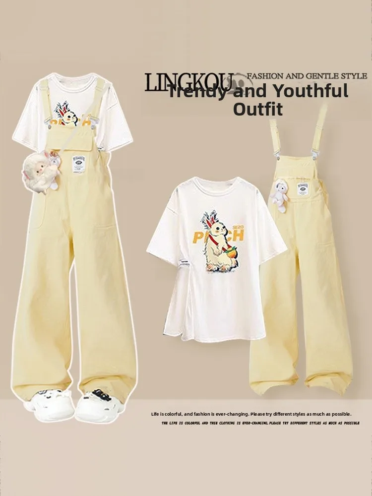 ชุดเอี๊ยมยีนส์ผู้หญิงสไตล์หวานซ่อนเปรี้ยว ดีไซน์ใหม่รับซัมเมอร์ ชุดเซ็ตสองชิ้นทรงเข้ารูป คอเสื้อทรงกลม