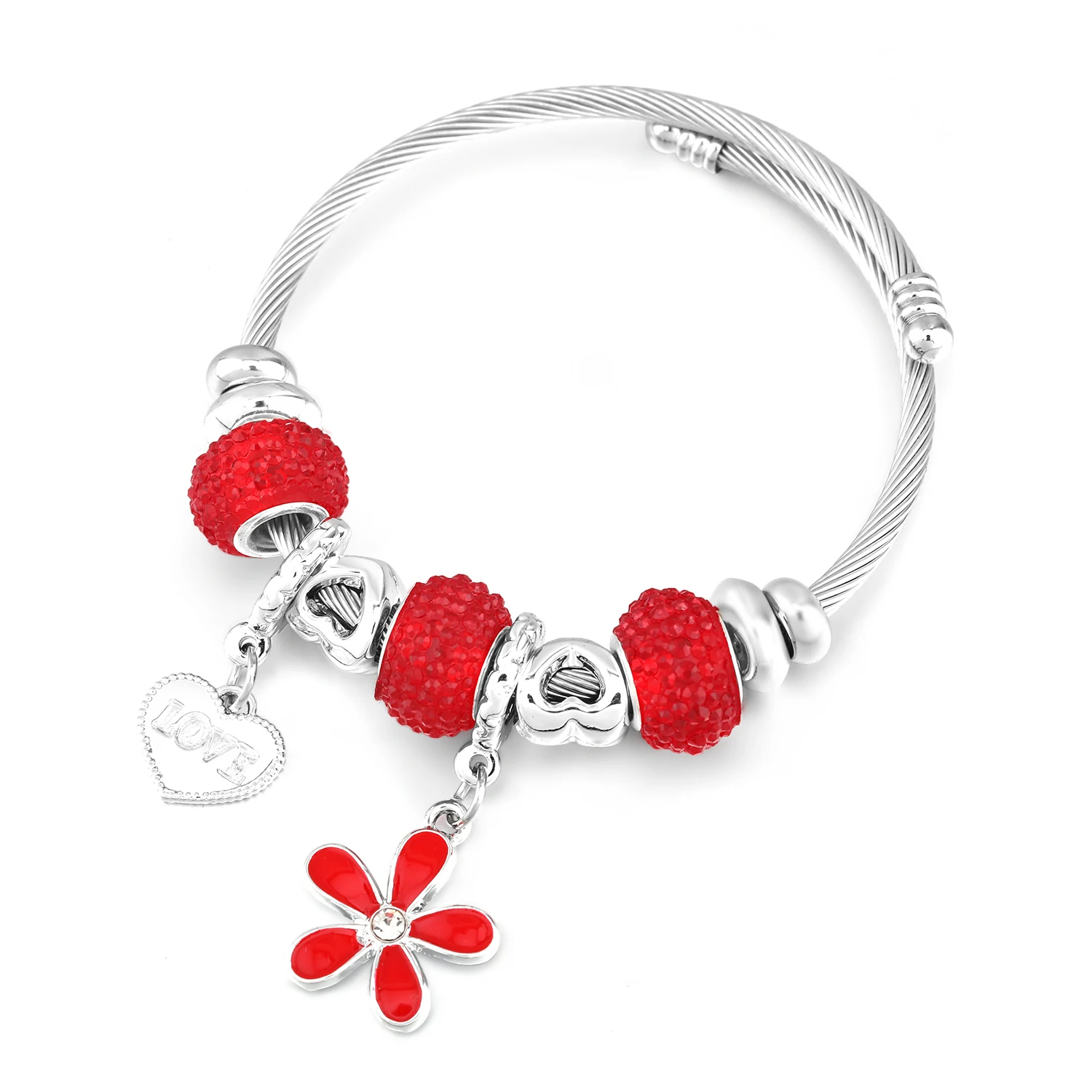 New Heart Shaped Flowers Painted Pendant Closure Beaded Bracelet Stainless Steel 5 Colors Adjustable Women Fine Bangles Jewelry