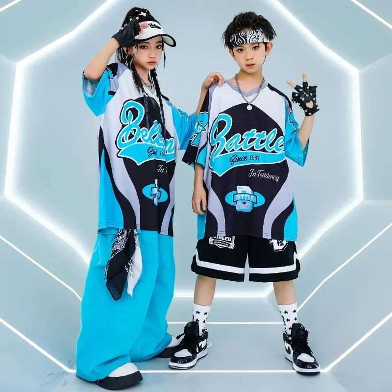 New Summer Teens Loose Blue T-Shirt Pants Black Shorts Boys Hip Hop Outfits Modern Jazz Dance Costume Girl Kpop Performance Wear image 3