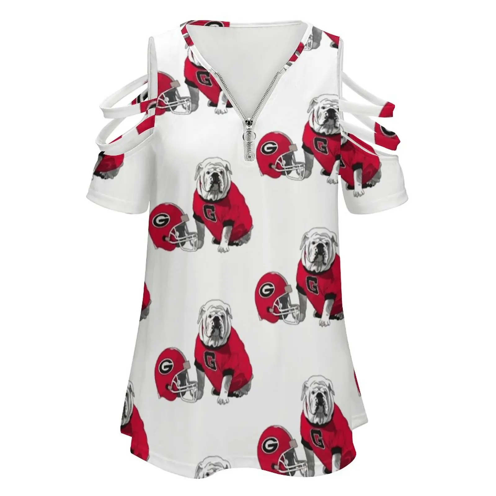 Uga Bulldog With Helmet Women's T-Shirt New Fashion Printed Zipper V-Neck Short Sleeve T Shirts Casual Plus Size Uga Uga