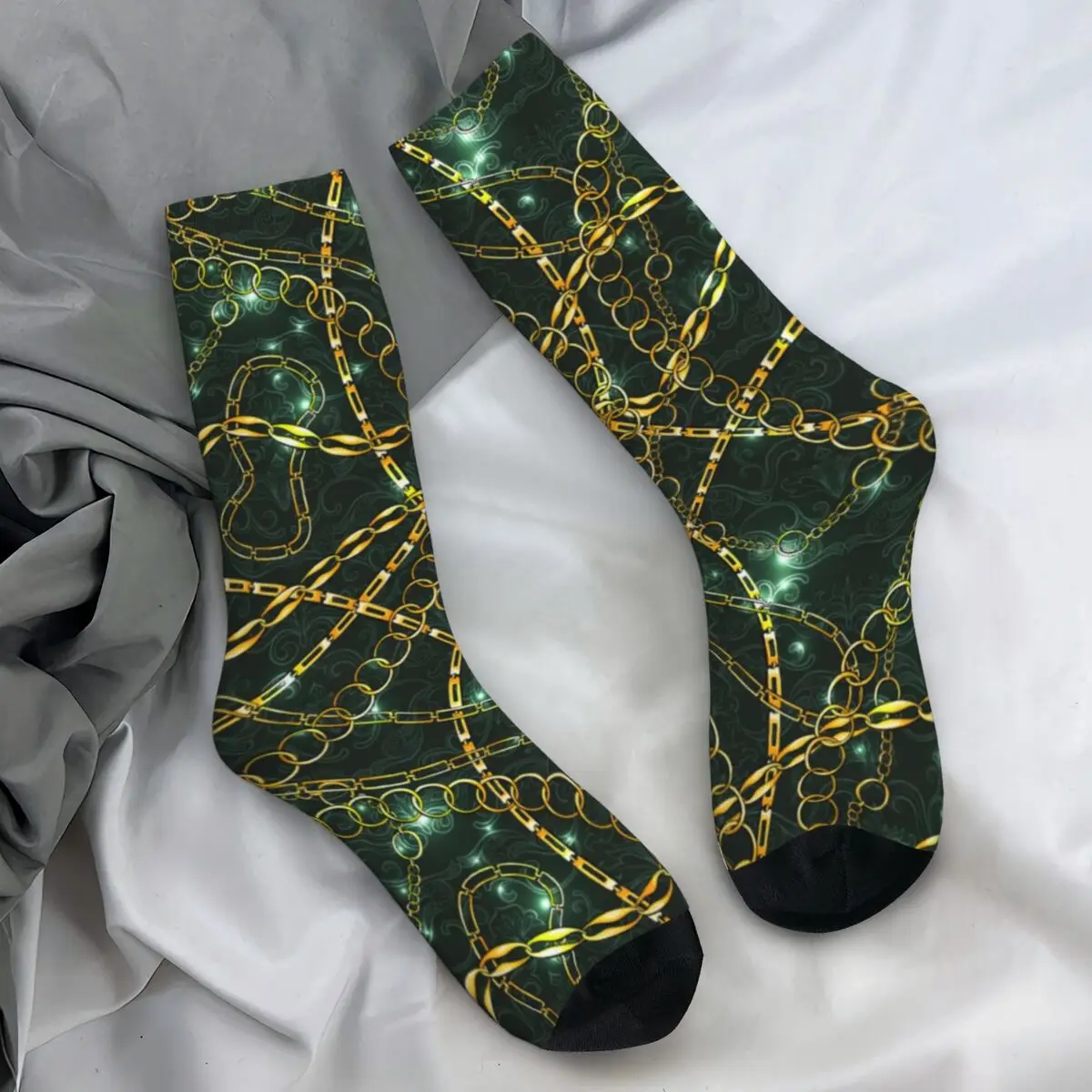 Golden Chain Print Socks Autumn Vintage Floral Stockings Casual Men's Quality Socks Printed Outdoor Sports Non-Slip Socks