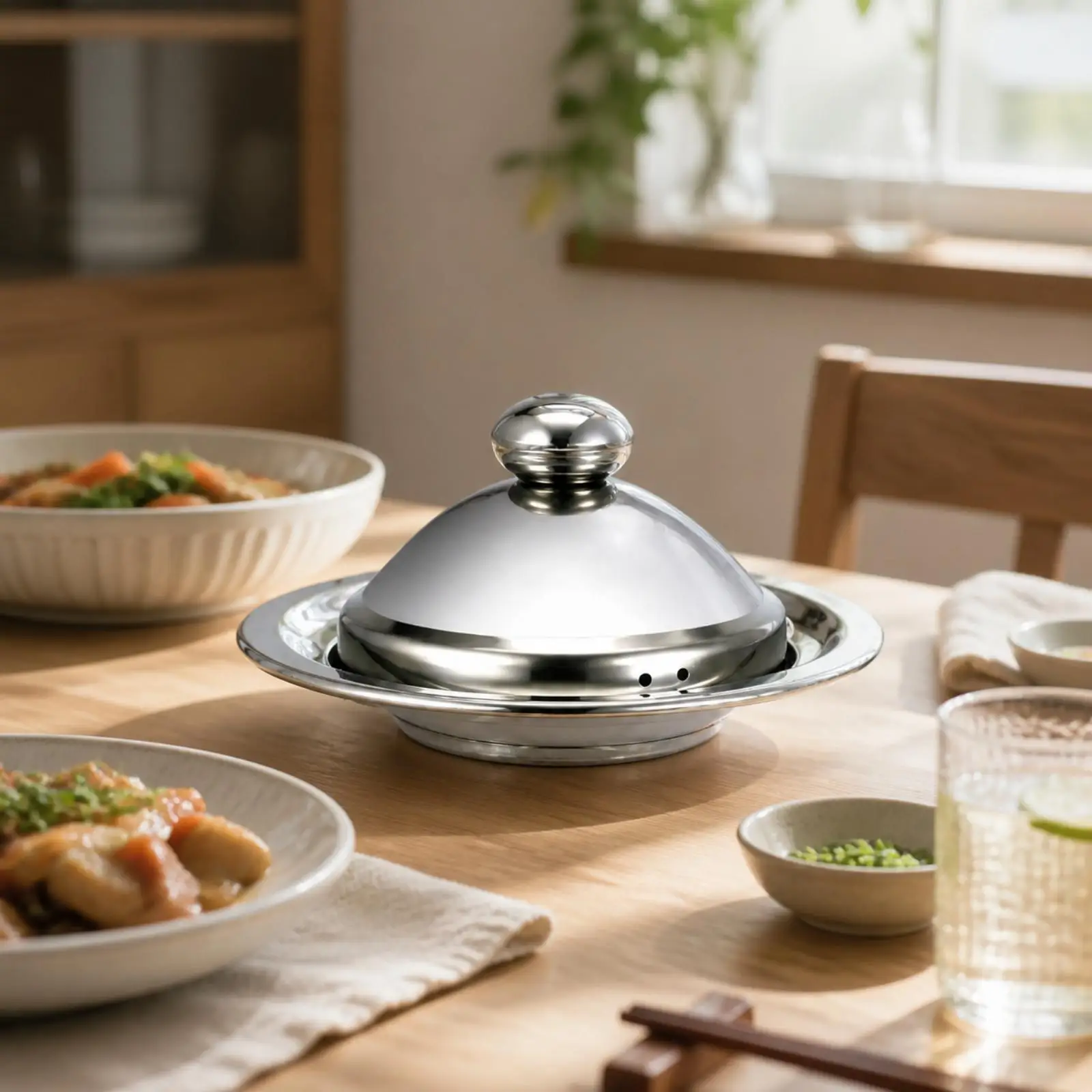 Uncoated Stainless Steel Shallow Casserole with Knob Lid for Hot Pot Soup Simmered Dishes Everyday Kitchen Use