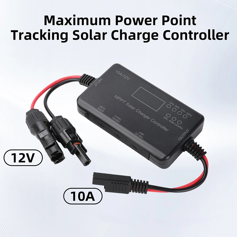 12V 10A MPPT Solar Panel Controller for Acid, Gel, LiFePO4 Battery Charge Regulator USB Type-C Solar PV Charging Control