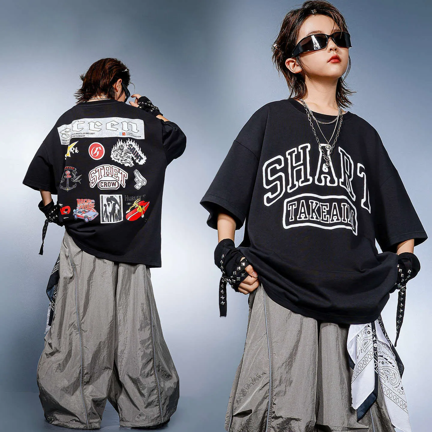 

Kid Kpop Hip Hop Clothing Black Print T Shirt Gray Casual Seam Wide Leg Parachute Pants for Girl Boy Jazz Dance Costume Clothes