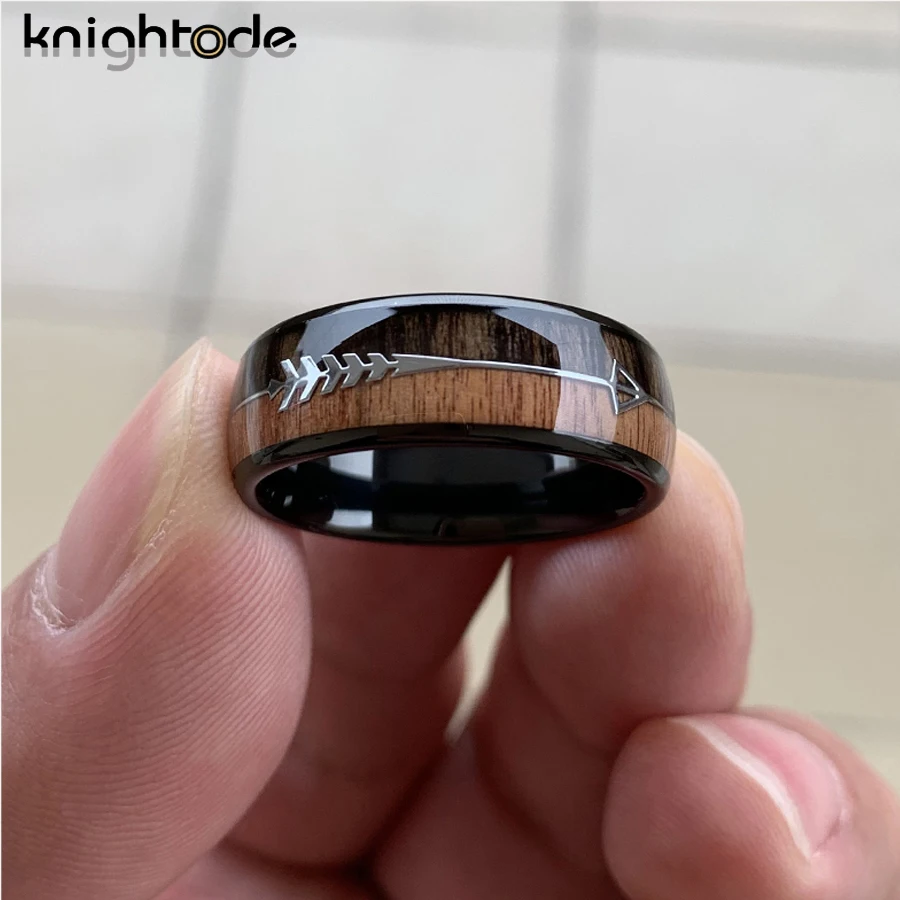 8mm Fashion Tungsten Carbide Wood Rings Steel Arrow Inlay For Men Women Classic Engagement Ring Dome Band Polished Comfort