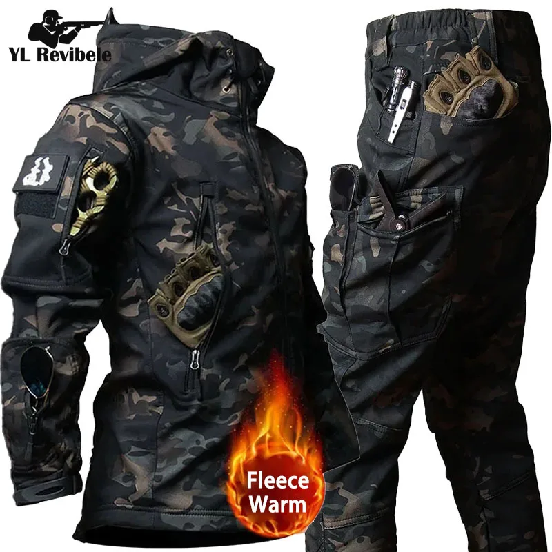 Camo Soft Shell Sets Men Multi-pocket Fleece Jacket+Wear-resistant Straight Cargo Pant 2 Pcs Suits Waterproof Training Set