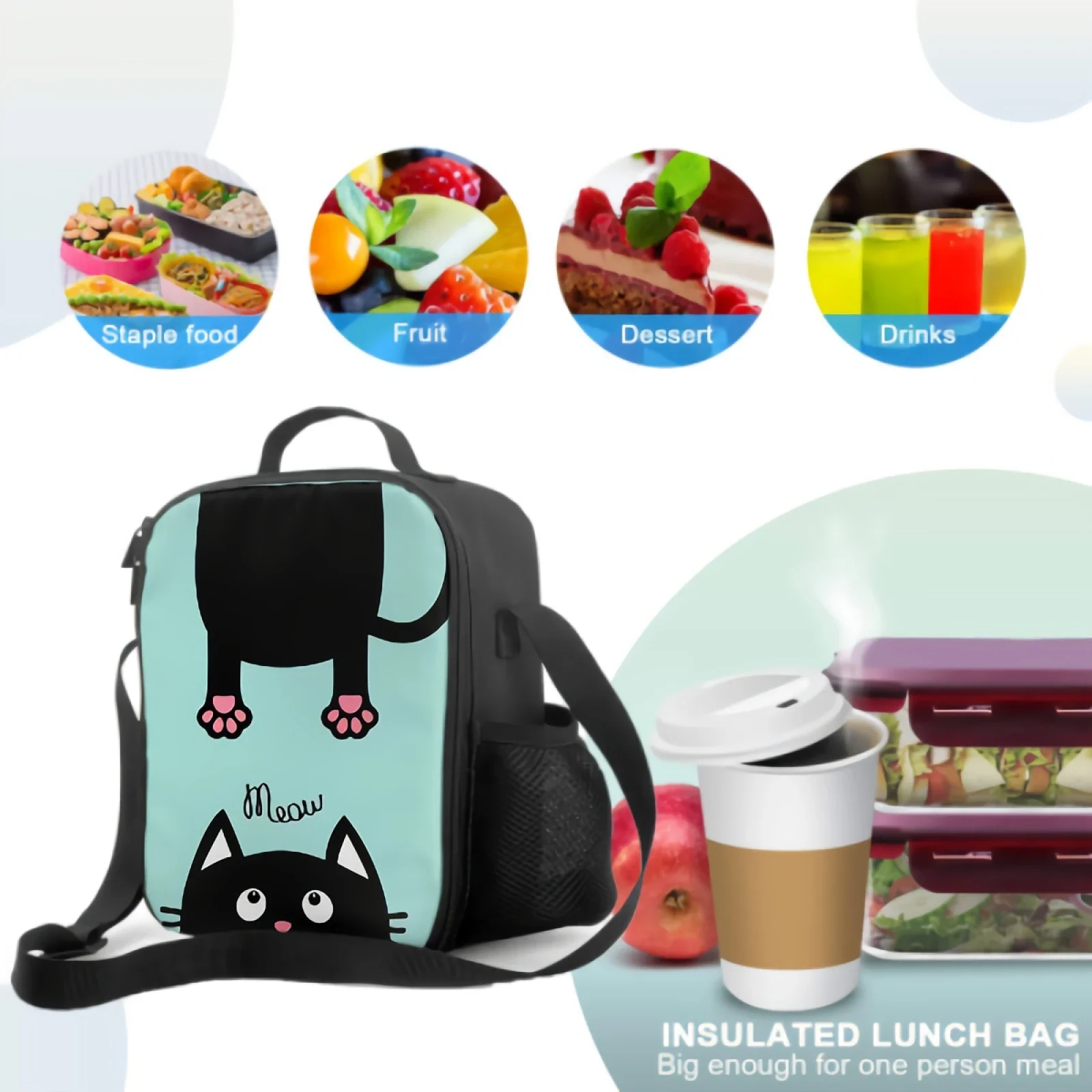 Bolsa de almuerzo aislada con aspecto de gato negro para el trabajo escolar, Picnic, cara divertida, silueta de cabeza, Tote, contenedores, bolsa