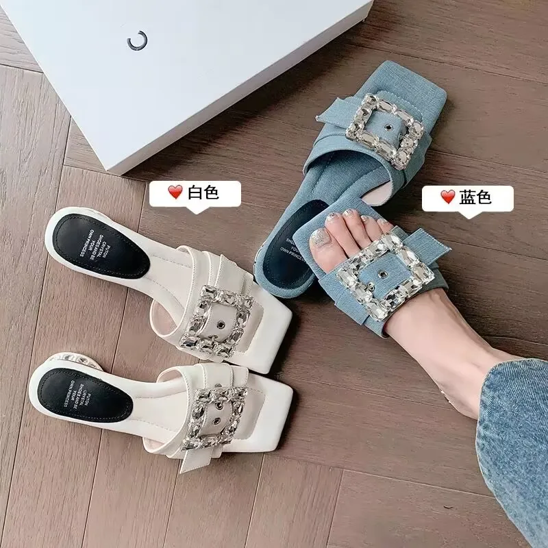 Women\'s Slippers Summer New with Square Head Open Toe Buckle Sandals Casual Fashion Temperament Round Slippers