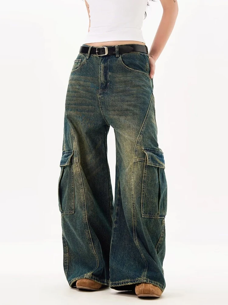 

Vintage Washed Denim Jeans American Y2K Retro Wide Leg Curved Knife Pants with Oversized Pockets Loose Fit High Waist Trousers