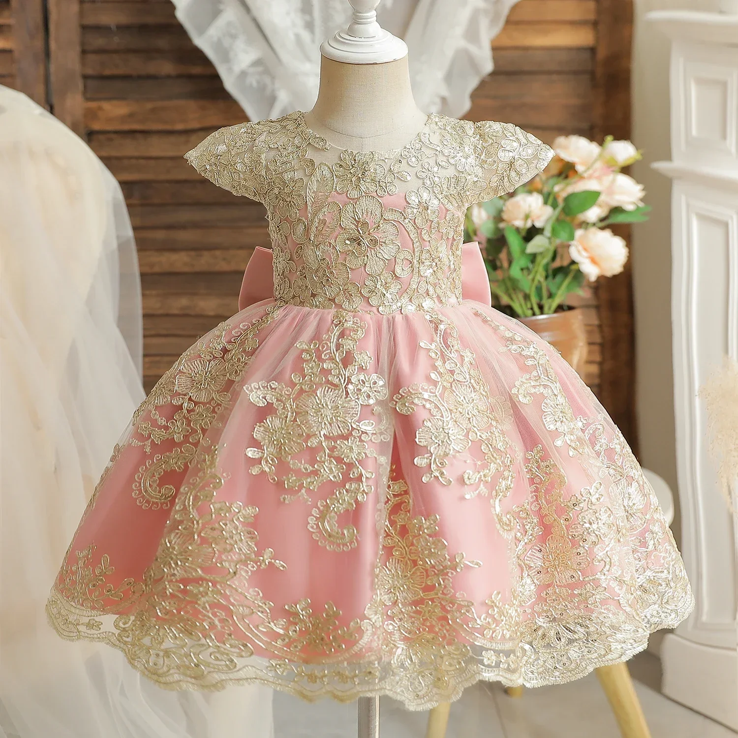 Birthday Party Dresses for 12M Baby Girl Christmas Embroidery Floral Big Bow Wedding Tutu Gown Girls Pink Formal Gala Costume