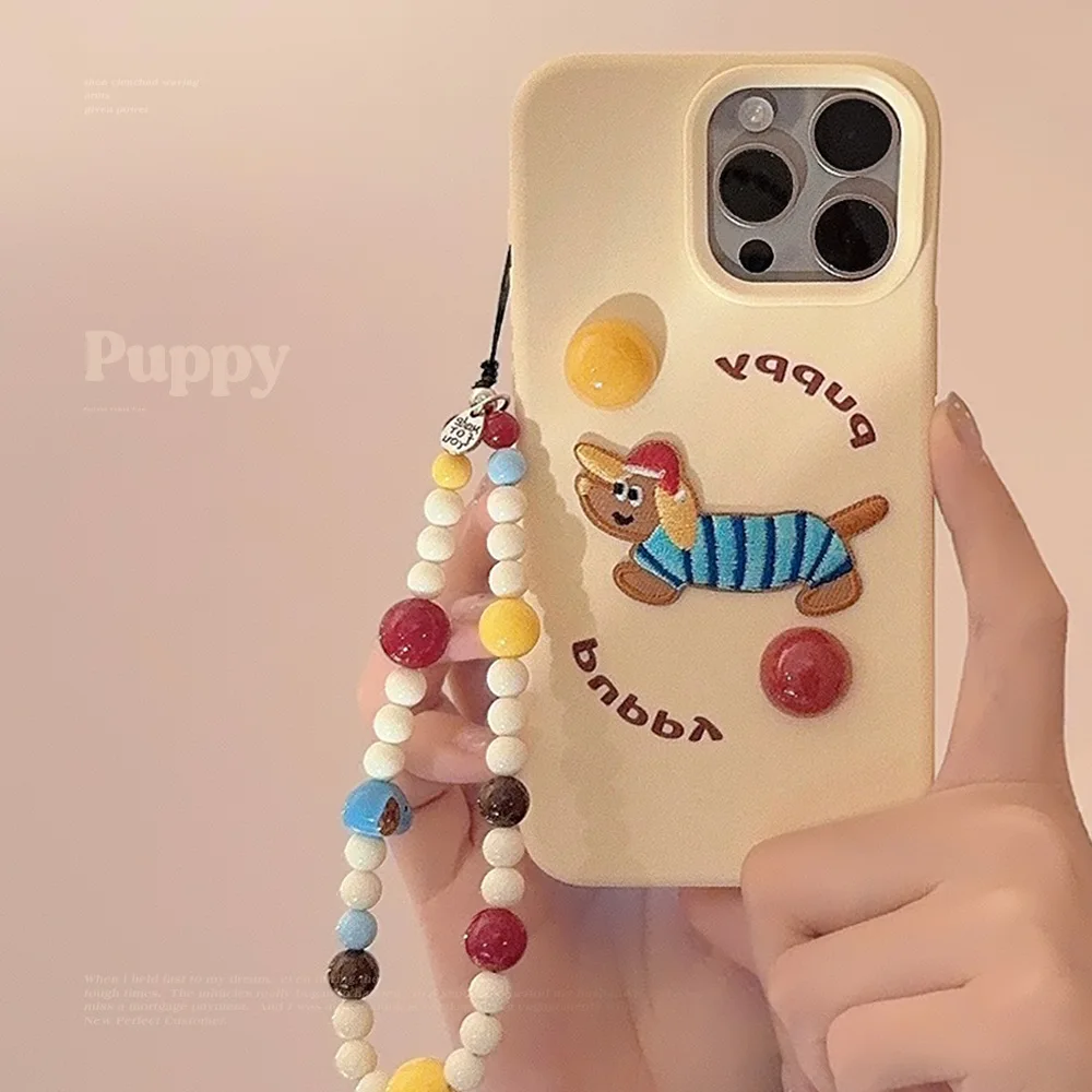 New Embroidered Puppy Phone with Hanging Rope for iPhone 16 Promax 15 14 Pro 13 12 TPU Soft Case Phone Protection Case Anti Drop