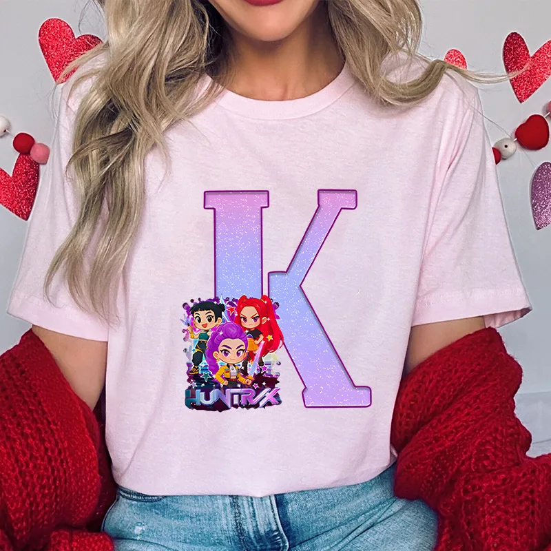 

Kpop Demon Hunters A-Z 26 Letter Print T-Shirts Fashion Casual Short Sleeve T-shirt Korean Cute Tshirts Women Clothes Tees Tops