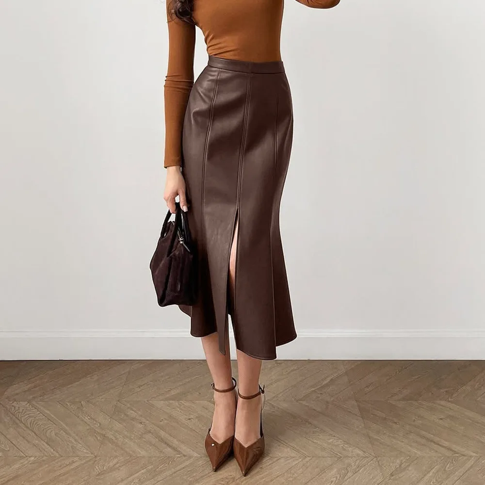PU Imitation Leather Side Split Midi Skirt Women High-waist Fittness Hip Slim Long Skirts Office Lady Bodycon Skirt Club Party