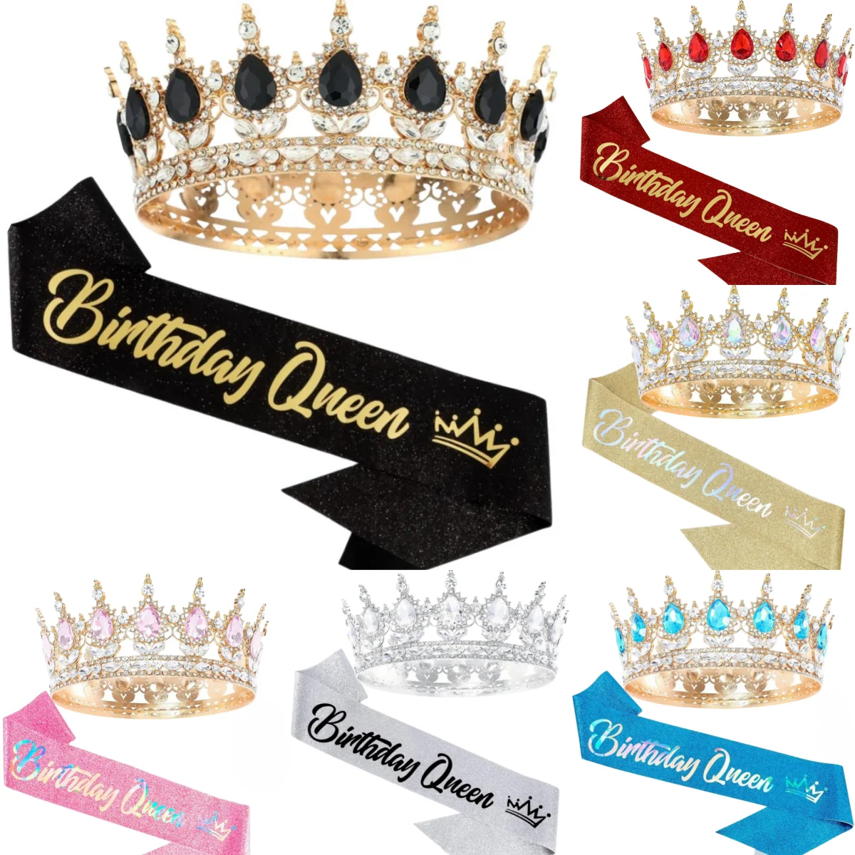Kit de Festa de Aniversário com Strass Brilhantes, Tiara Coroa, Faixa de Rainha, Acessórios de Cabelo para Mulheres e Meninas, Presentes e Decorações para Festa de Aniversário