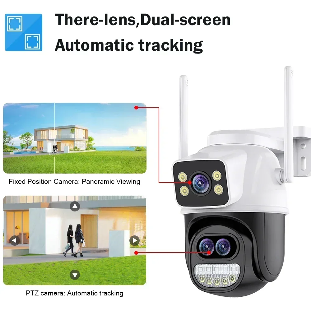 Icsee 6MP WiFi Camera Outdoor 12MP Three Lens Dual Screens 8X Zoom CCTV Video Cam Auto Tracking Security Protection Surveillance