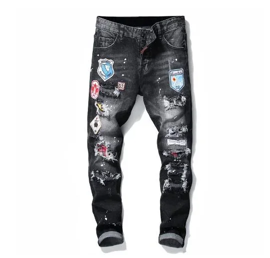 Nowa moda Mężczyźni Czarne Ripped Denim Jeans Italian High Street Style Denim Pants Wysokiej jakości męskie spodnie jeansowe Slim Fit Rozmiar 38.