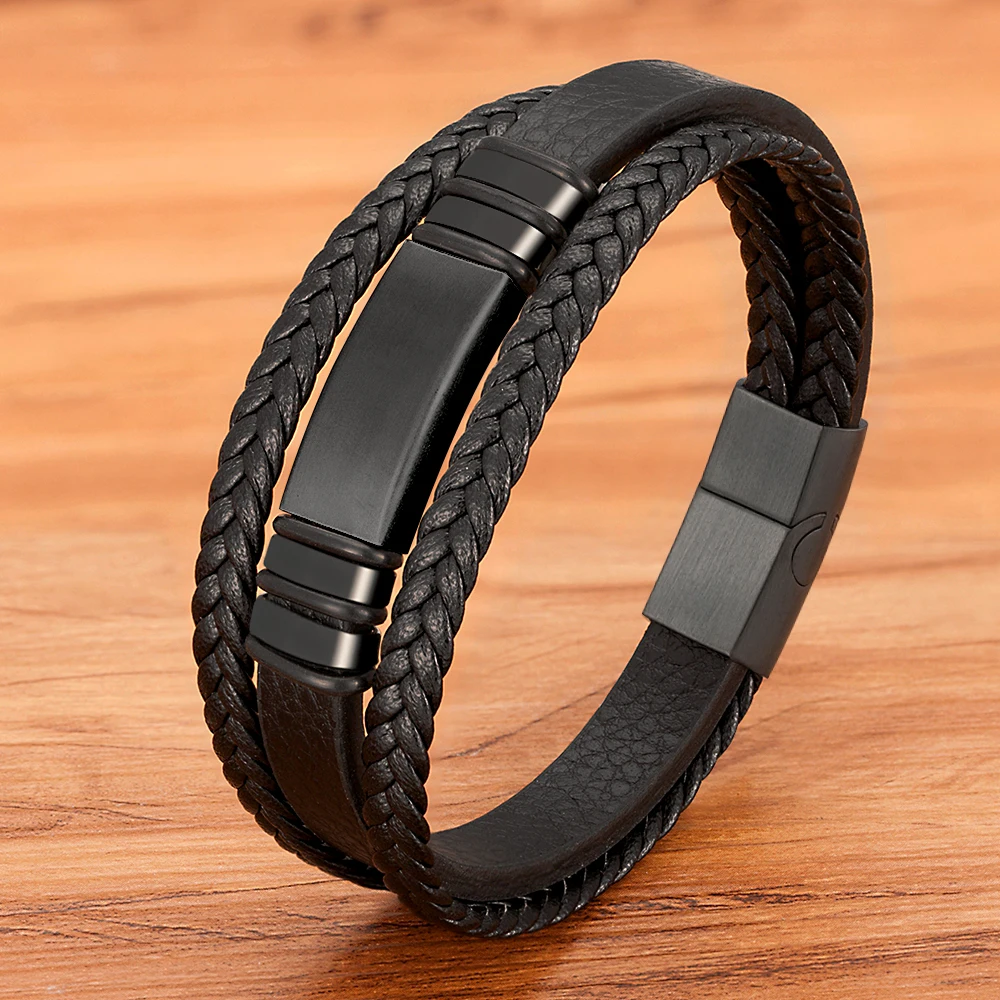 XQNI Multilayer Woven Leather Stainless Steel Combination Men's Leather Bracelet Magnetic Male Punk Bangles Jewelry Gift