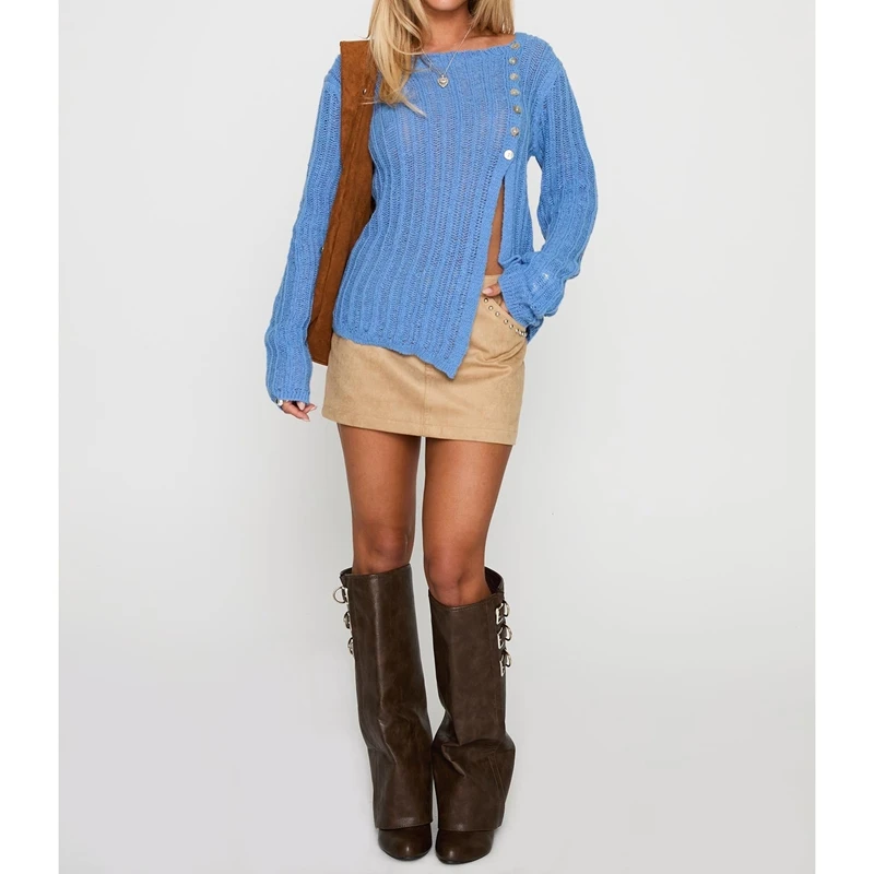 Womens Solid Color Knit Sweaters Long Sleeve Boat Neck Jumpers Side Button-down Split Hem Y2k Loose Fit Pullover Tops