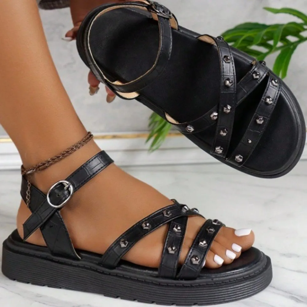 Damen Plateau-Sandalen mit Schnalle 2026 Sommer Neue Mode Nieten-Dekoration Lässige Übergrößen Bequeme Offene Sandalen