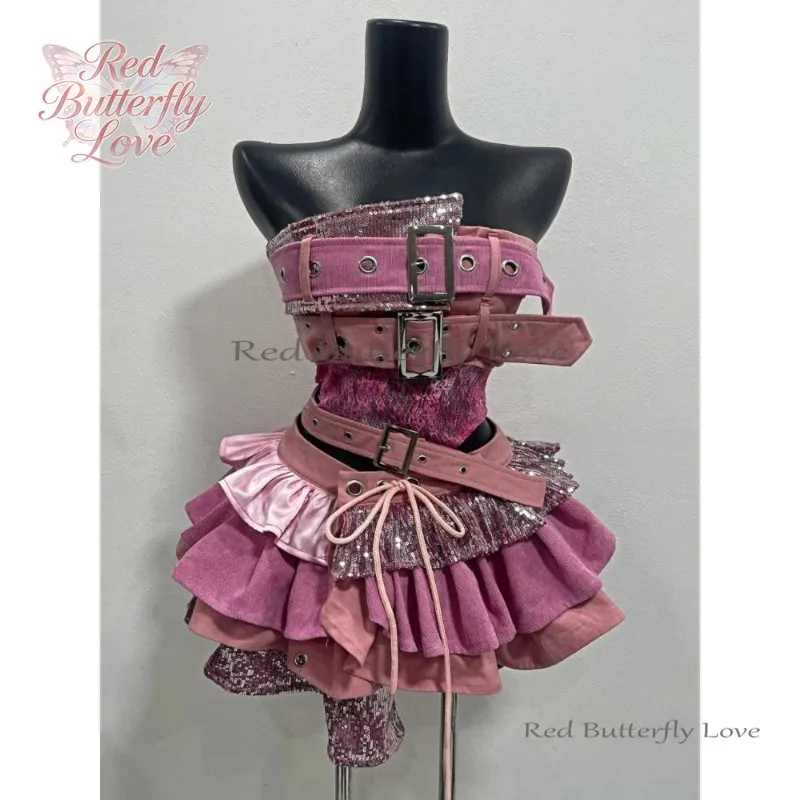 

Kawaii Gothic Y2K Sweet Punk 2-Piece Set Sparkle Sequin Pink Skirt for Club Party Easter Cosplay In Stock