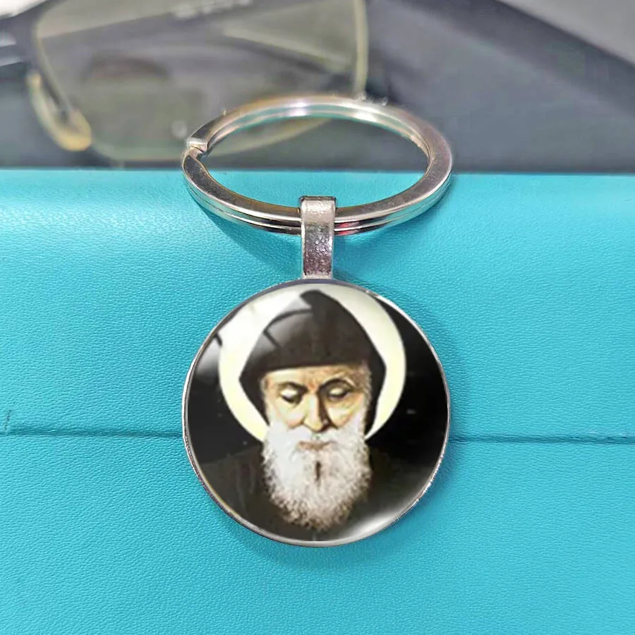 Nostalgic Design Saint Charbel Glass Dome Charms Religious Style DIY Keychain Pendants Devotional Gift For Believers
