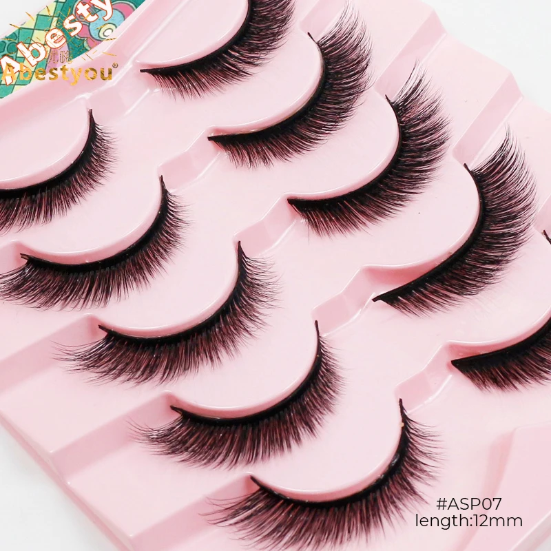 Abestyou 5pairs 12mm Cat Eye Mink Fluffy Winged Tapered Natural Look Lashes Daily Wear Thin Reusable Fake Eyelashes Makeup Tools