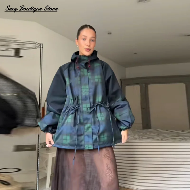 Autumn Winter Vintage Plaid Oversize Jacket For Women Loose High Neck Loose Hoodie Coat Lace Up Outwear 2025 New Lady Streetwear