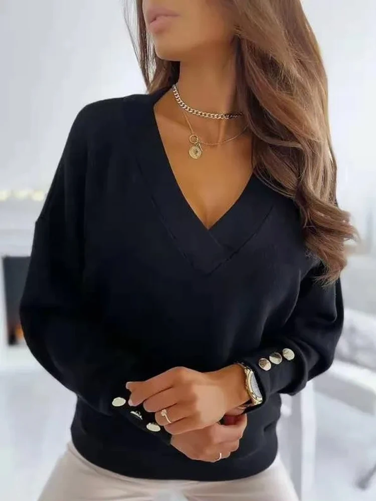 الخريف/الشتاء سترة طويلة الأكمام موضة الخامس الرقبة زر فضفاض مكتب سيدة محبوك القمم عادية بلوفر مغزول البلوزات 12827